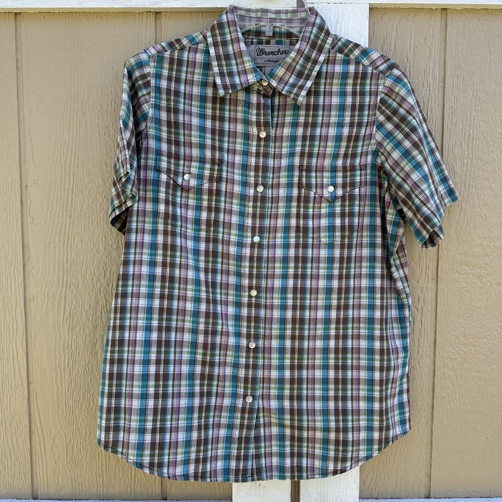 Wrangler Wrancher Brown Plaid Pearl Snap Western S/S Shirt Women’s Size Small